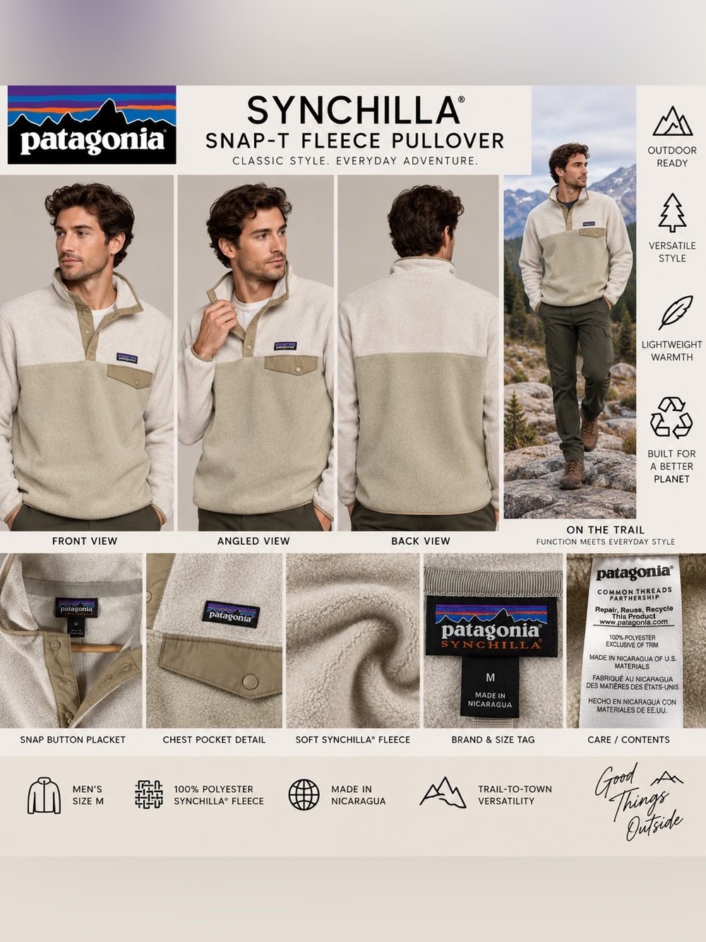 Patagonia Synchilla Snap-T Fleece Pullover Men’s M Cream Beige Colorblock STY254